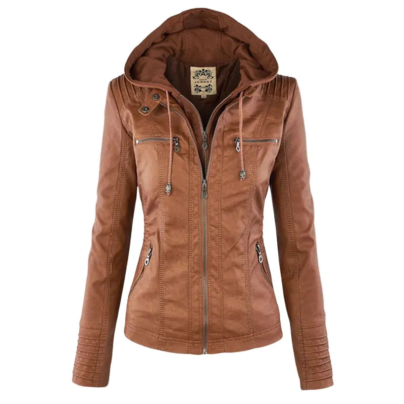 Women’s Lightweight Casual Leather Jacket with Hood