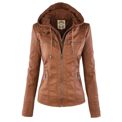 Women’s Lightweight Casual Leather Jacket with Hood