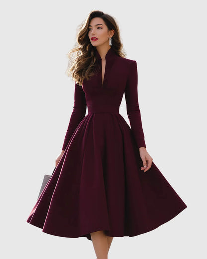Women's Long Sleeve A-Line Midi Wedding Guest Dress with V-Neck