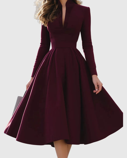 Women's Long Sleeve A-Line Midi Wedding Guest Dress with V-Neck