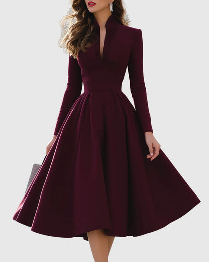 Women's Long Sleeve A-Line Midi Wedding Guest Dress with V-Neck