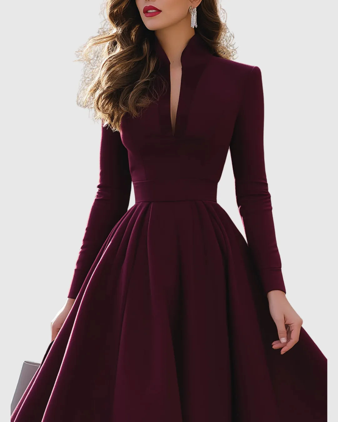 Women's Long Sleeve A-Line Midi Wedding Guest Dress with V-Neck