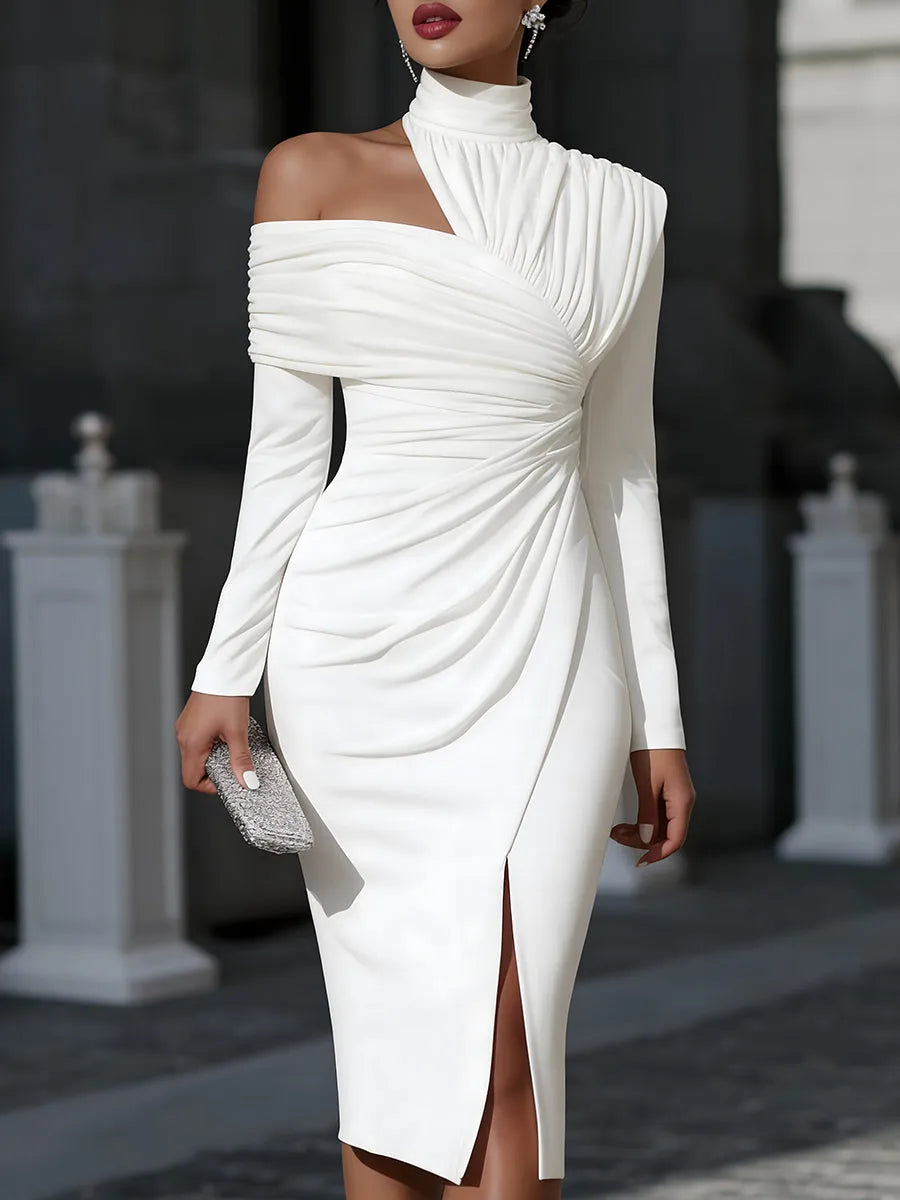 Women's Long Sleeve Bodycon Midi Wedding Guest Dress with High Neck