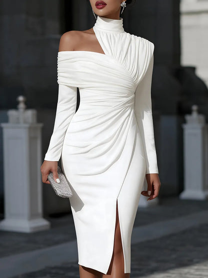 Women's Long Sleeve Bodycon Midi Wedding Guest Dress with High Neck