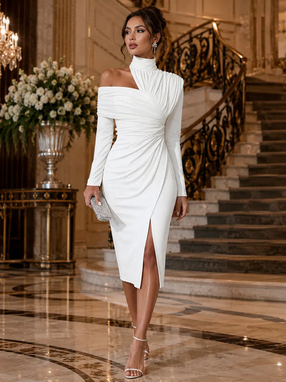 Women's Long Sleeve Bodycon Midi Wedding Guest Dress with High Neck