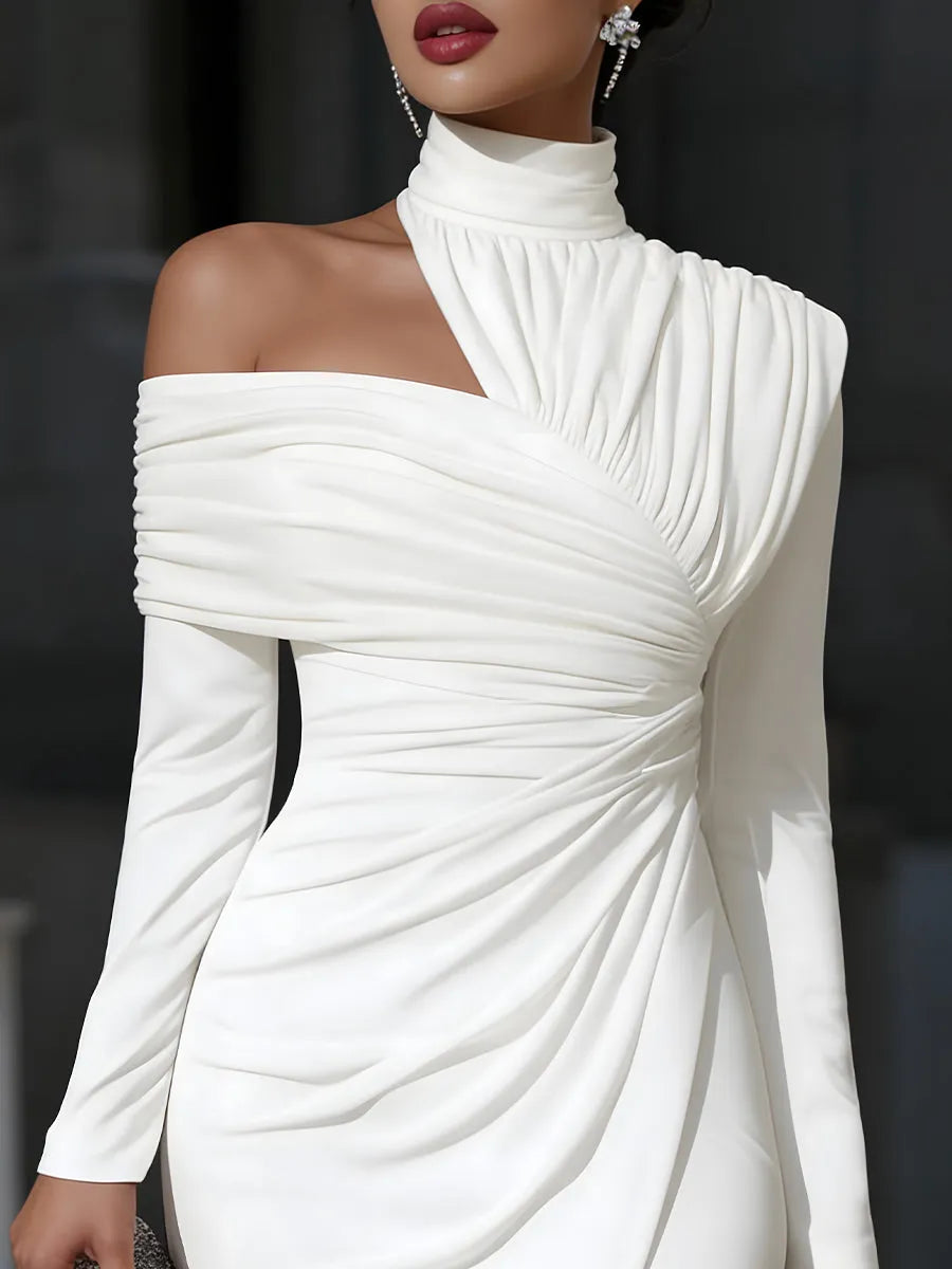 Women's Long Sleeve Bodycon Midi Wedding Guest Dress with High Neck