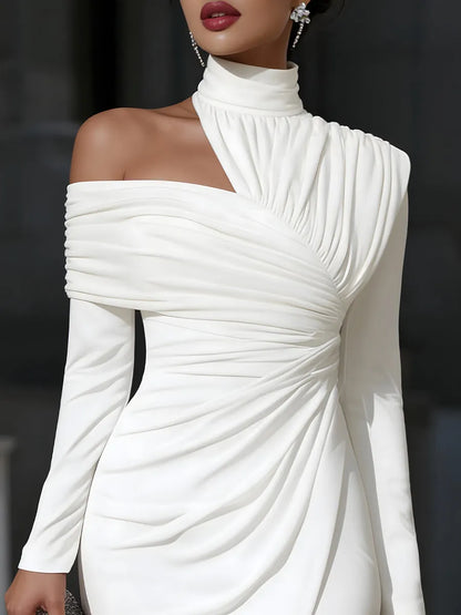 Women's Long Sleeve Bodycon Midi Wedding Guest Dress with High Neck