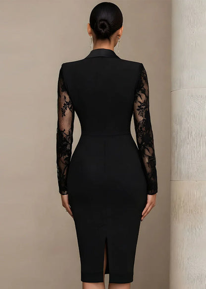 Women's Long Sleeve Bodycon Midi Wedding Guest Dress with V-Neck