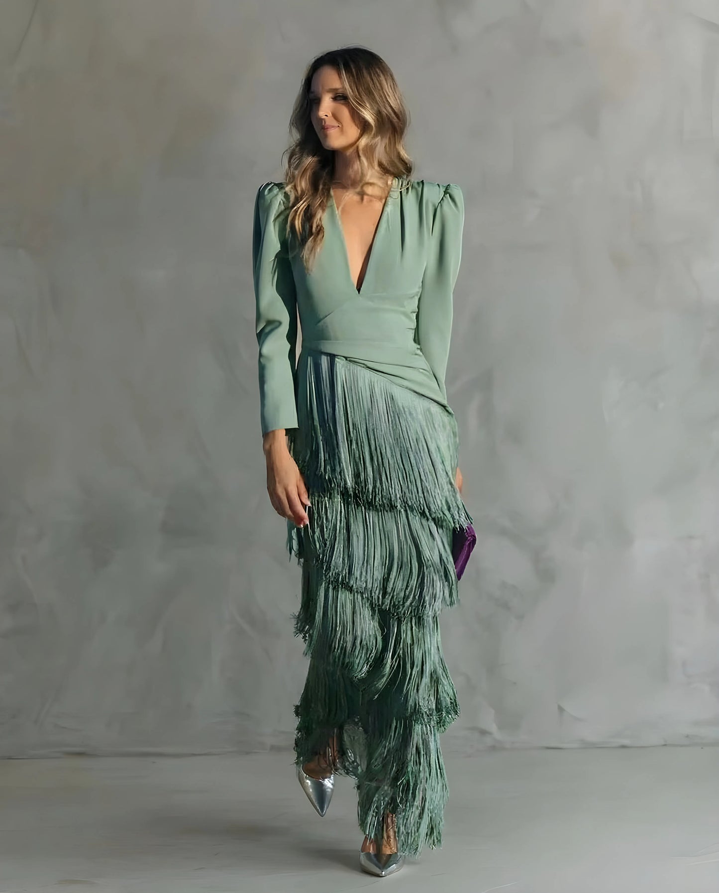 Women's Long Sleeve Elegant Maxi Wedding Guest Dress with V-Neck