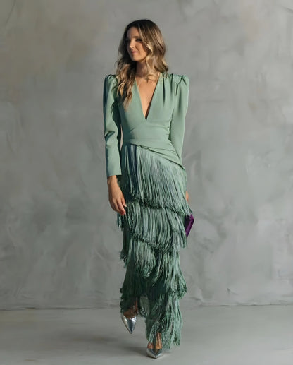 Women's Long Sleeve Elegant Maxi Wedding Guest Dress with V-Neck