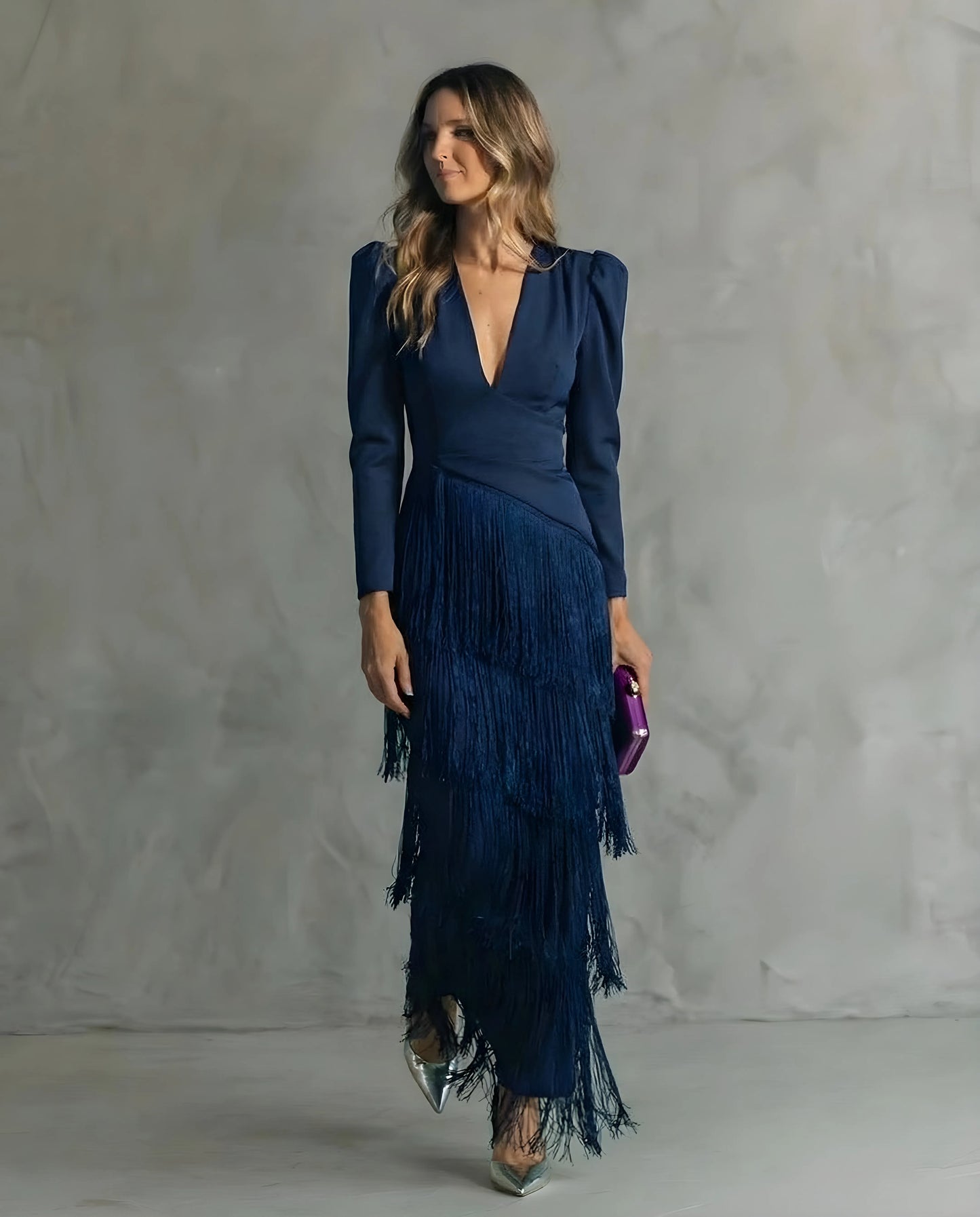Women's Long Sleeve Elegant Maxi Wedding Guest Dress with V-Neck