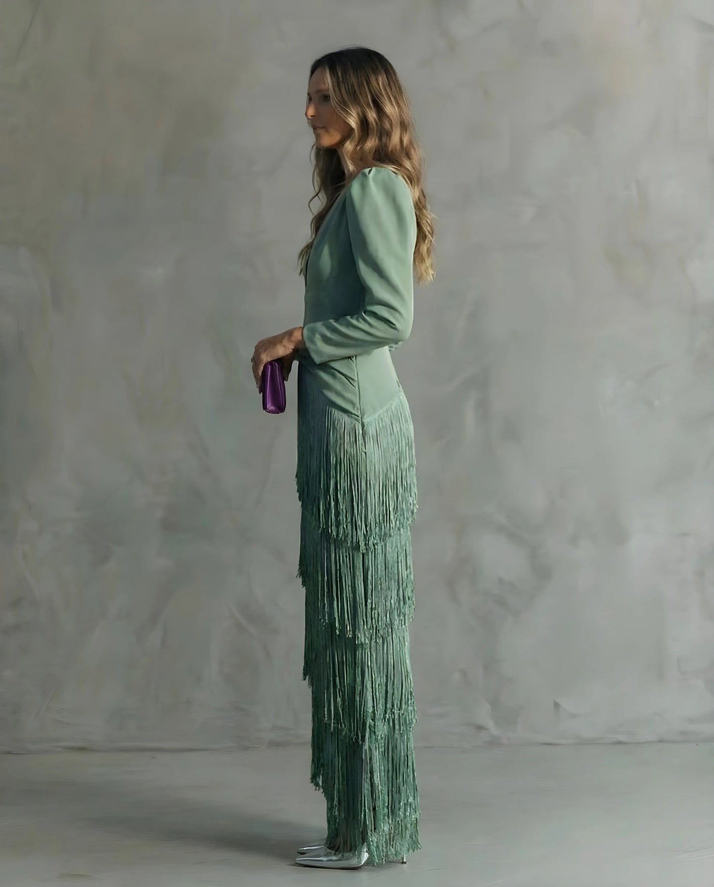 Women's Long Sleeve Elegant Maxi Wedding Guest Dress with V-Neck