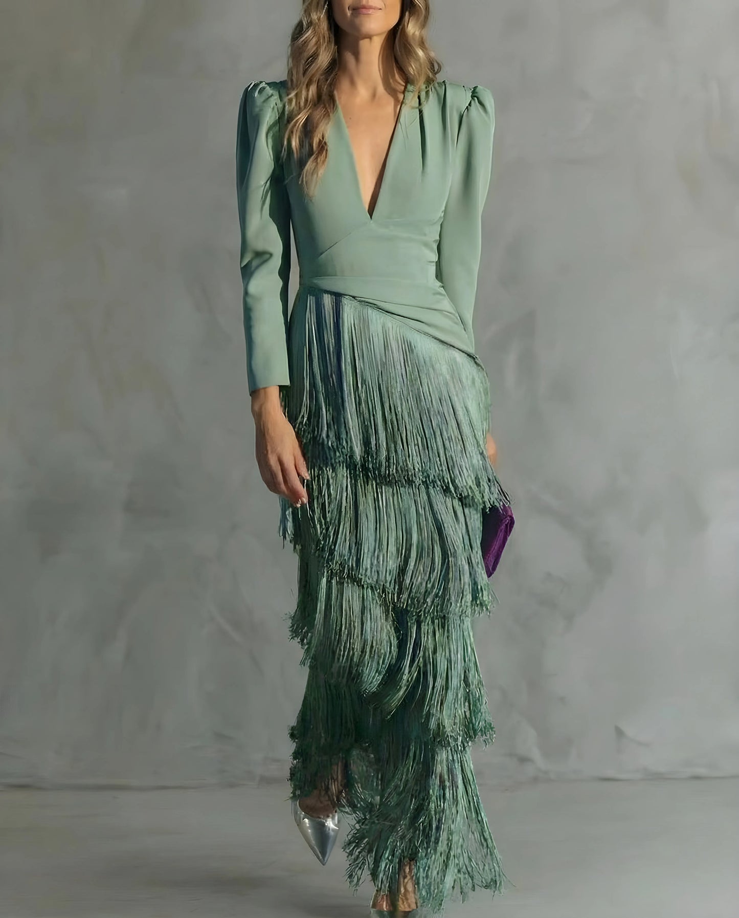 Women's Long Sleeve Elegant Maxi Wedding Guest Dress with V-Neck