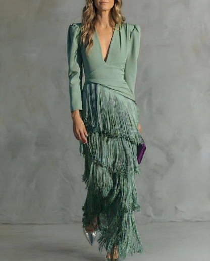 Women's Long Sleeve Elegant Maxi Wedding Guest Dress with V-Neck