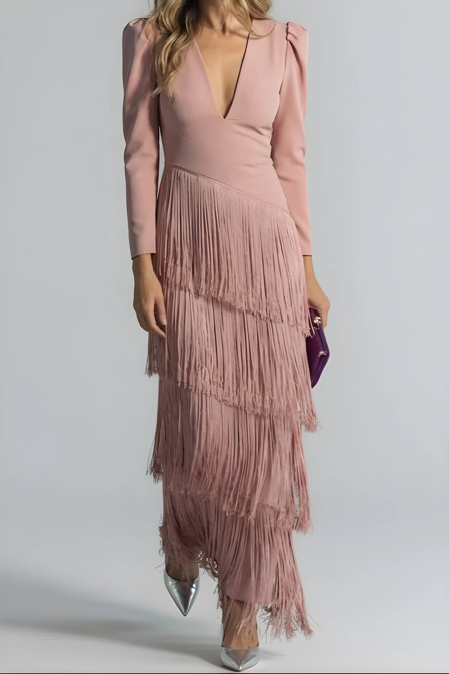 Women's Long Sleeve Elegant Maxi Wedding Guest Dress with V-Neck