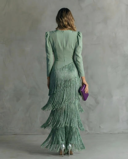 Women's Long Sleeve Elegant Maxi Wedding Guest Dress with V-Neck