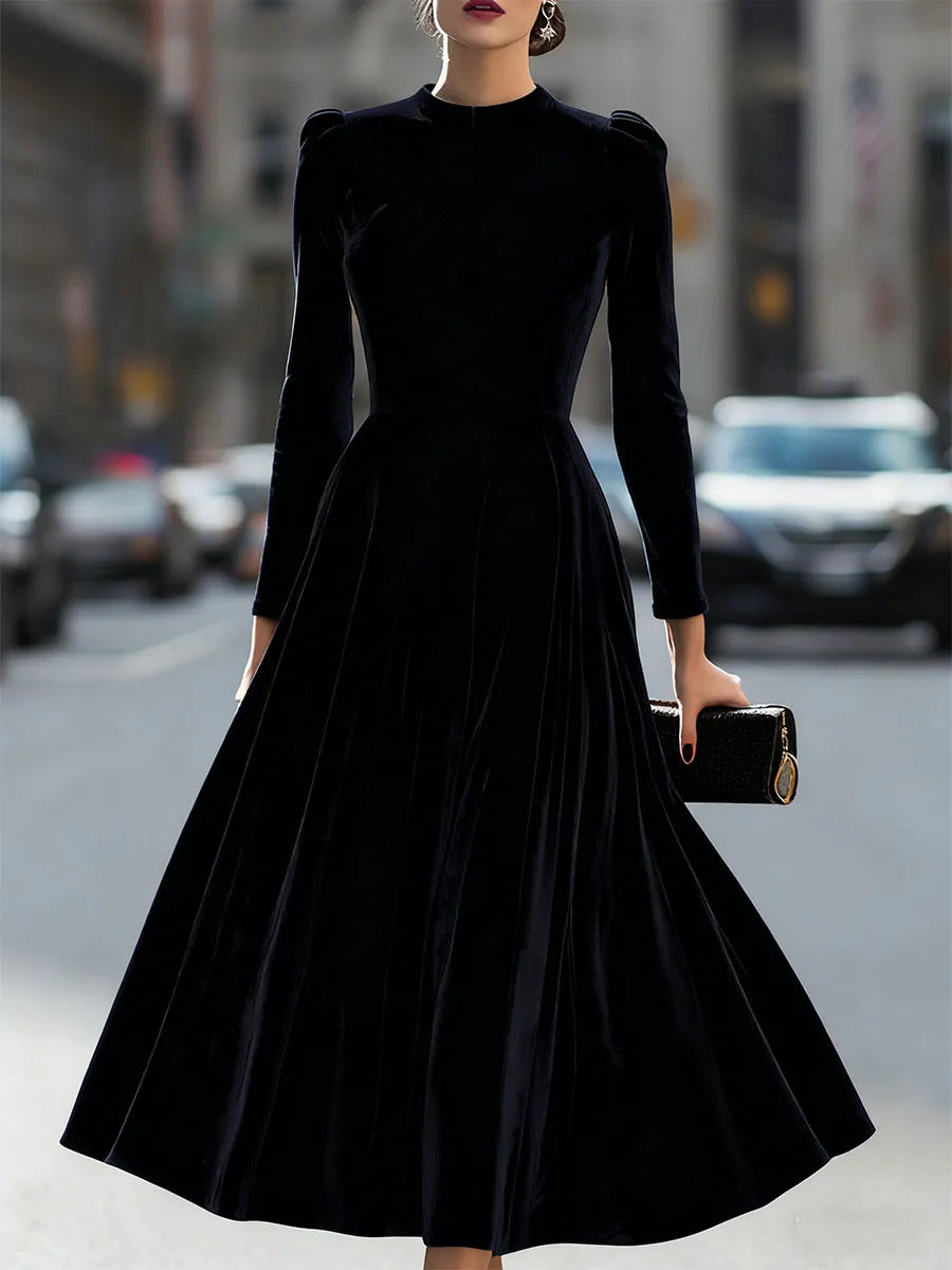 Women's Long Sleeve Elegant Midi Wedding Guest Dress with Flowing Skirt