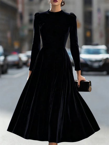 Women's Long Sleeve Elegant Midi Wedding Guest Dress with Flowing Skirt