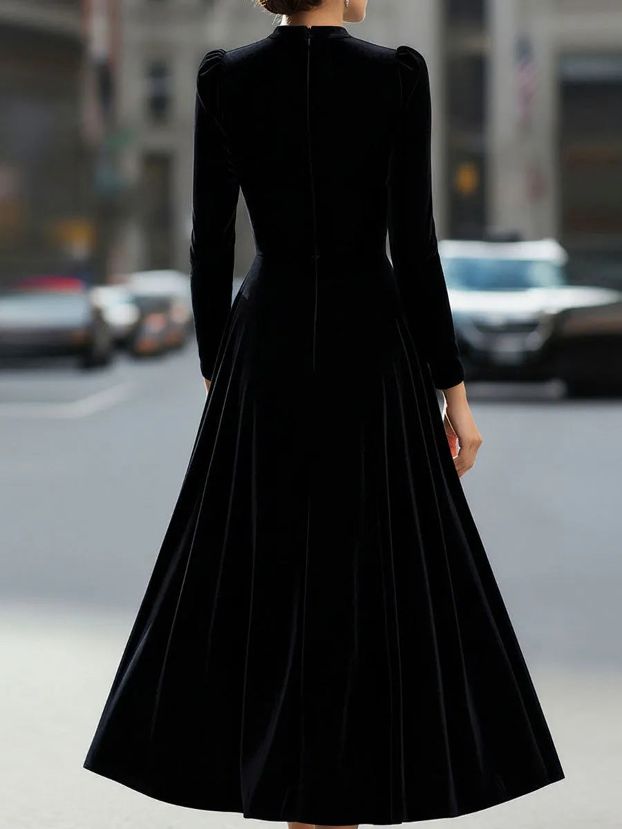 Women's Long Sleeve Elegant Midi Wedding Guest Dress with Flowing Skirt