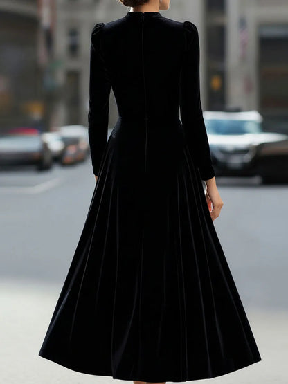 Women's Long Sleeve Elegant Midi Wedding Guest Dress with Flowing Skirt