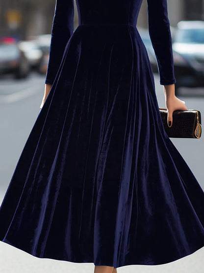 Women's Long Sleeve Elegant Midi Wedding Guest Dress with Flowing Skirt