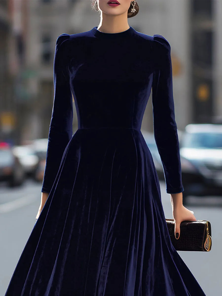 Women's Long Sleeve Elegant Midi Wedding Guest Dress with Flowing Skirt