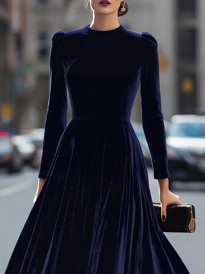 Women's Long Sleeve Elegant Midi Wedding Guest Dress with Flowing Skirt