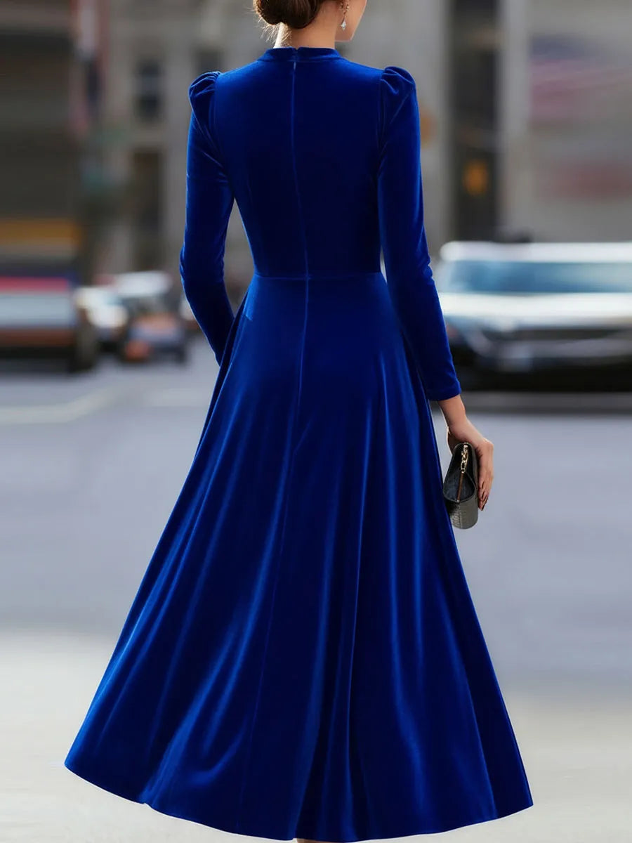 Women's Long Sleeve Elegant Midi Wedding Guest Dress with Flowing Skirt