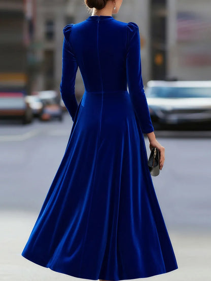 Women's Long Sleeve Elegant Midi Wedding Guest Dress with Flowing Skirt