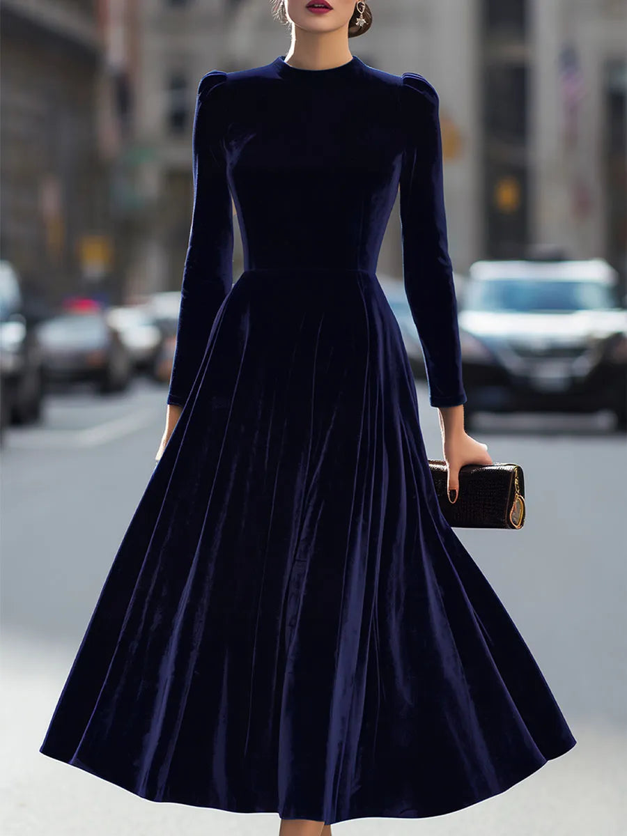 Women's Long Sleeve Elegant Midi Wedding Guest Dress with Flowing Skirt