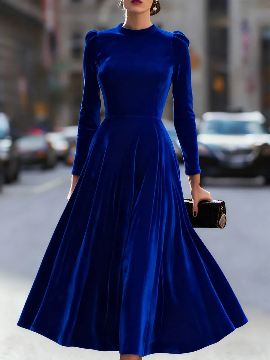 Women's Long Sleeve Elegant Midi Wedding Guest Dress with Flowing Skirt