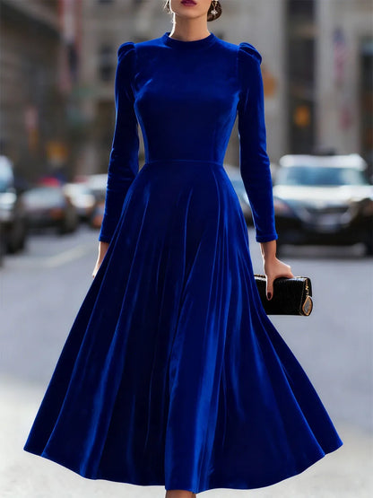Women's Long Sleeve Elegant Midi Wedding Guest Dress with Flowing Skirt