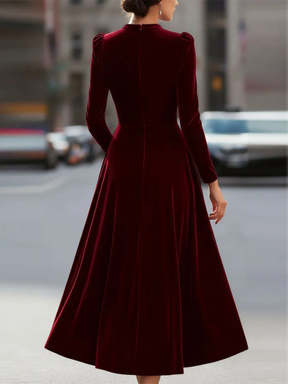 Women's Long Sleeve Elegant Midi Wedding Guest Dress with Flowing Skirt