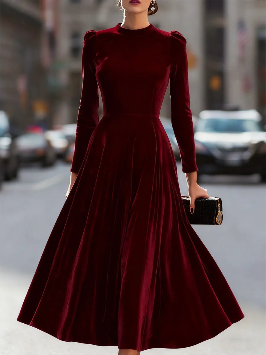 Women's Long Sleeve Elegant Midi Wedding Guest Dress with Flowing Skirt
