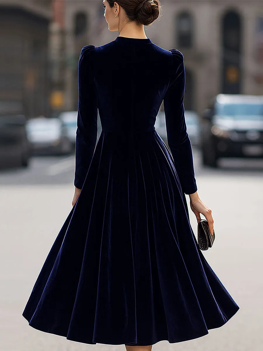 Women's Long Sleeve Elegant Midi Wedding Guest Dress with Flowing Skirt