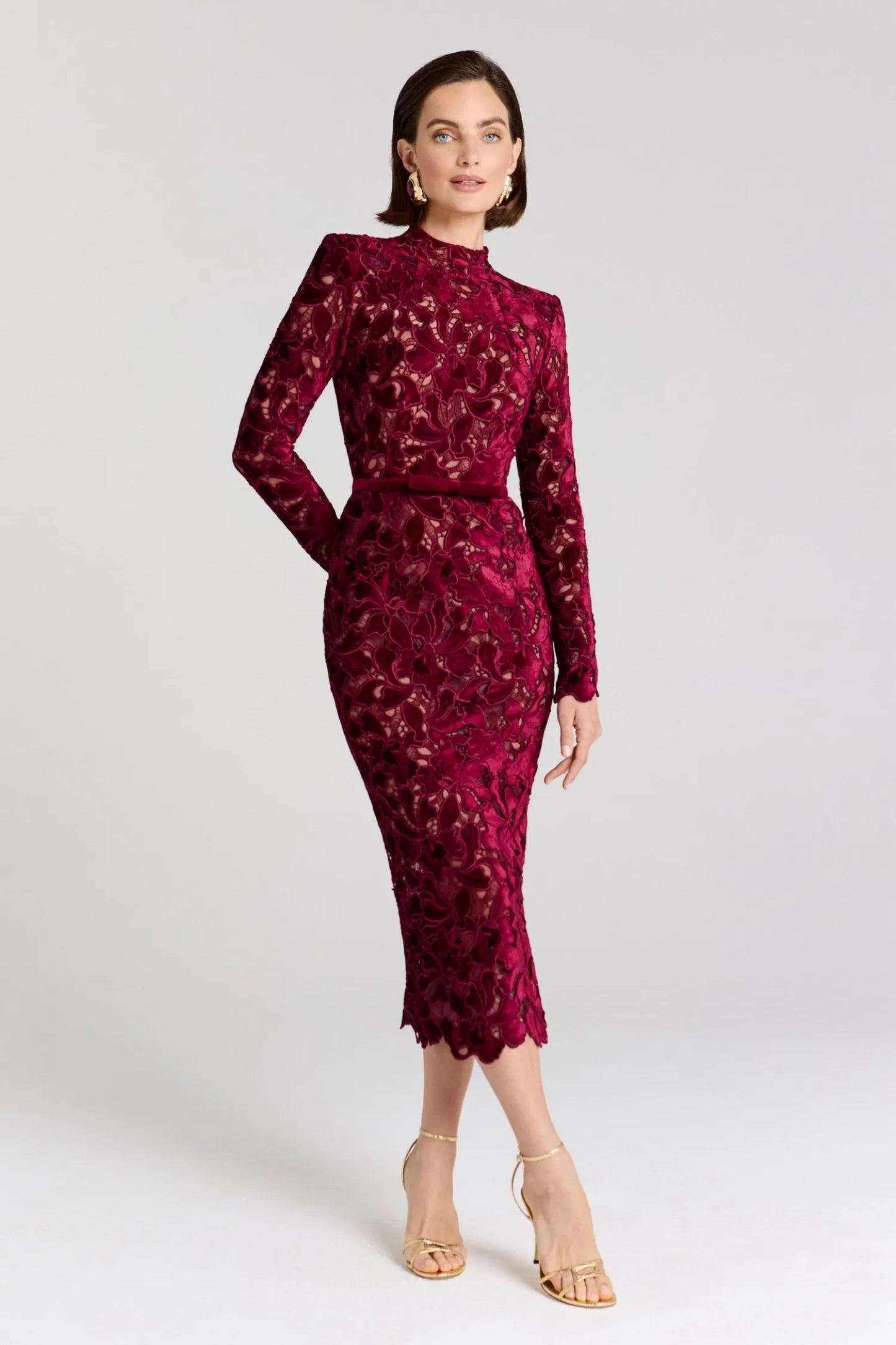 Women's Long Sleeve Elegant Midi Wedding Guest Dress with High Neck