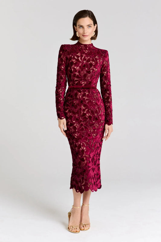 Women's Long Sleeve Elegant Midi Wedding Guest Dress with High Neck