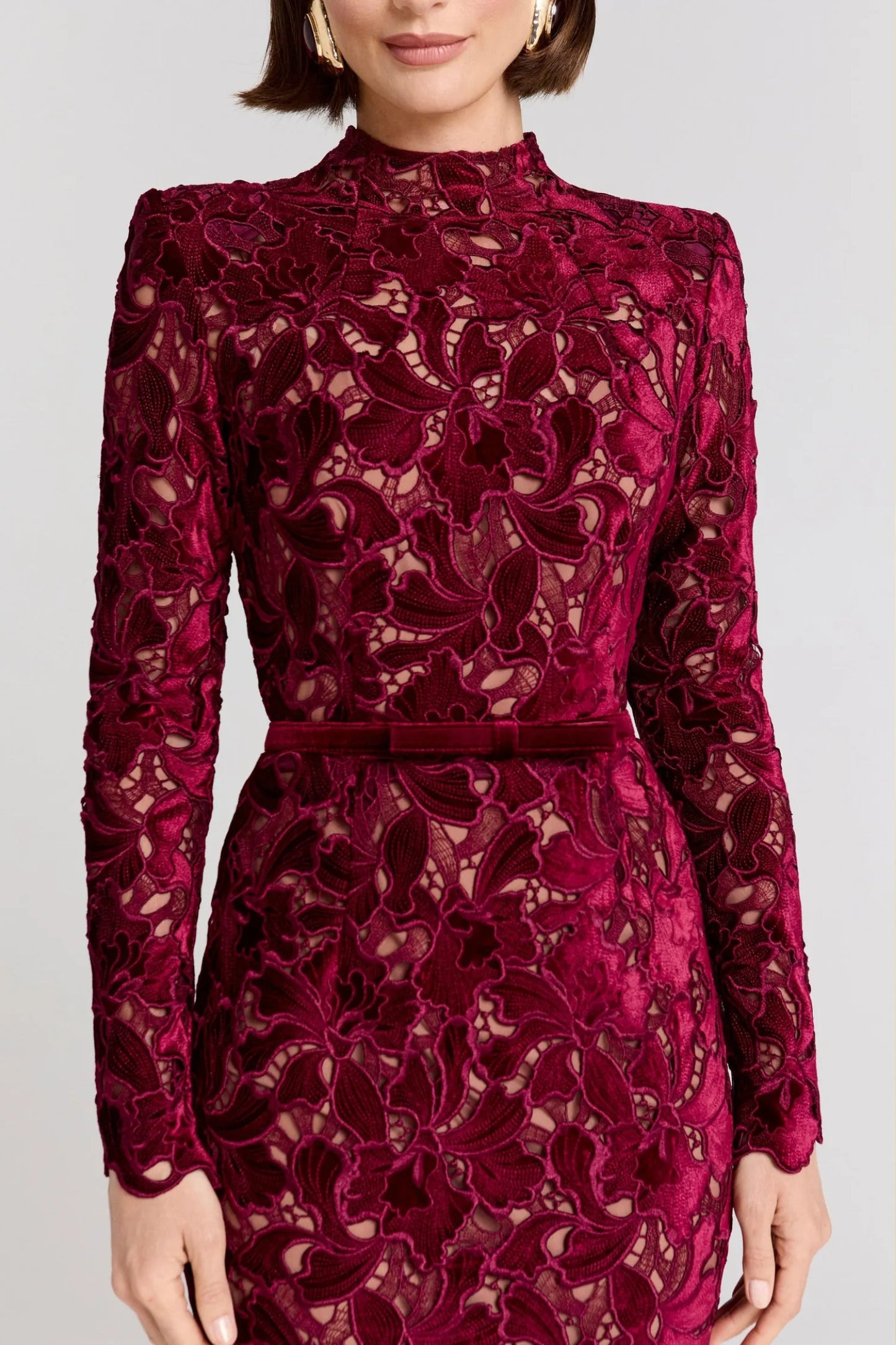 Women's Long Sleeve Elegant Midi Wedding Guest Dress with High Neck