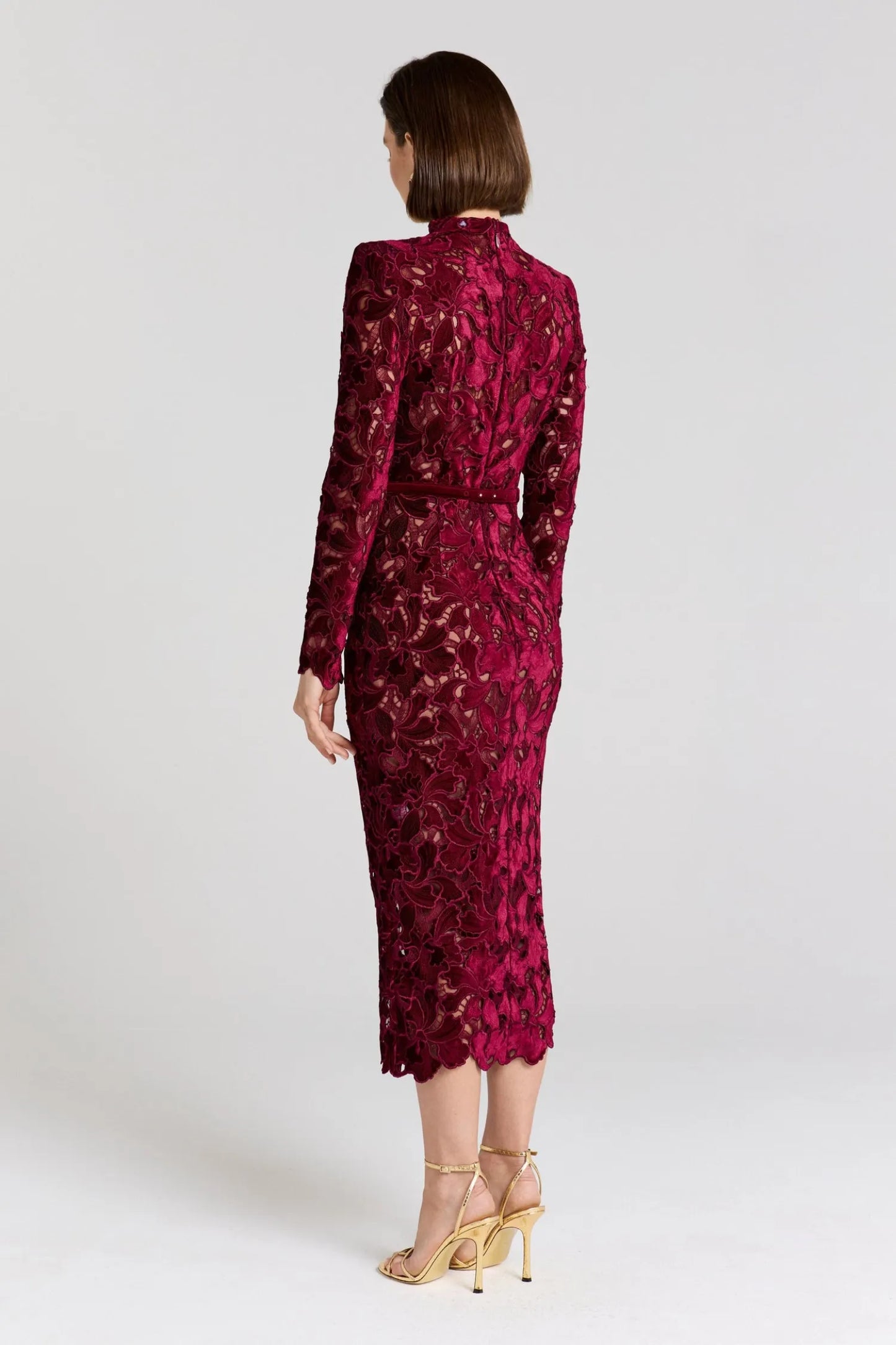Women's Long Sleeve Elegant Midi Wedding Guest Dress with High Neck
