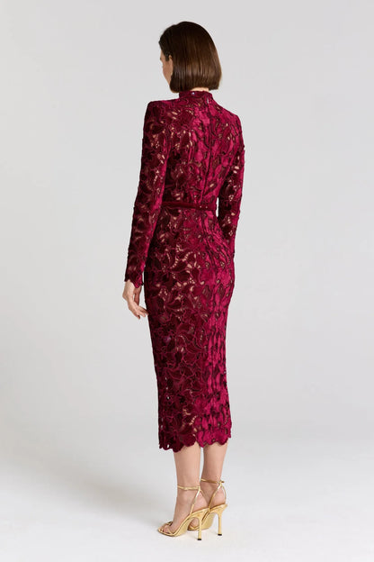 Women's Long Sleeve Elegant Midi Wedding Guest Dress with High Neck