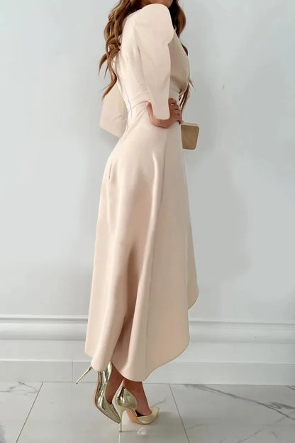 Women's Long Sleeve Elegant Midi Wedding Guest Dress with V-Neck