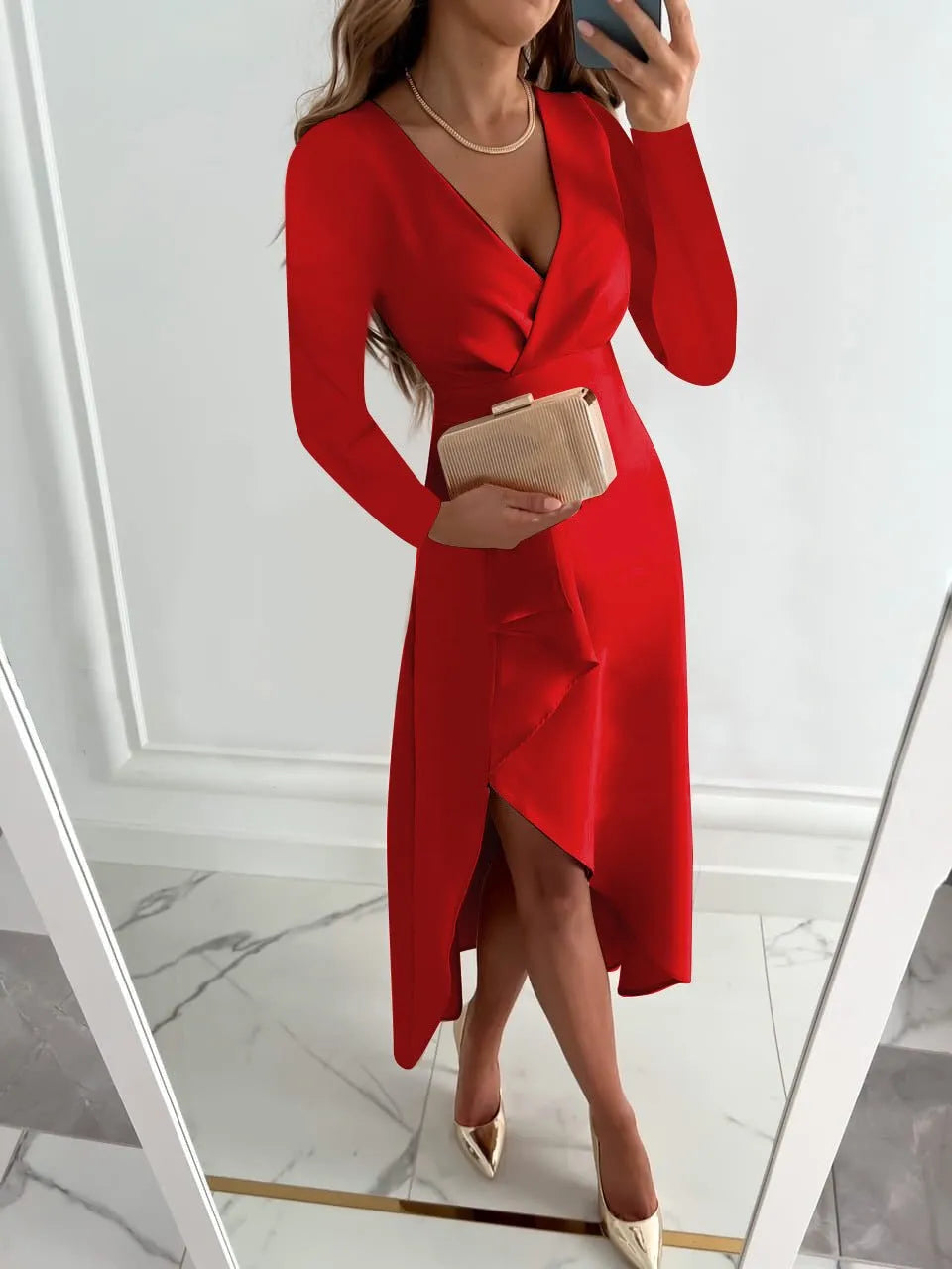 Women's Long Sleeve Elegant Midi Wedding Guest Dress with V-Neck