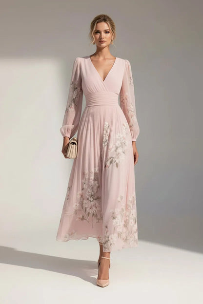 Women's Long Sleeve Floral Maxi Wedding Guest Dress with V-Neck