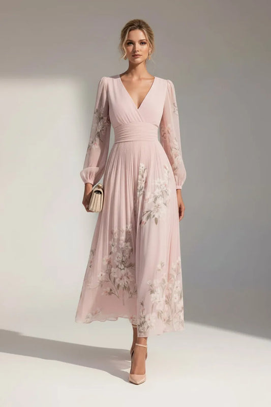 Women's Long Sleeve Floral Maxi Wedding Guest Dress with V-Neck