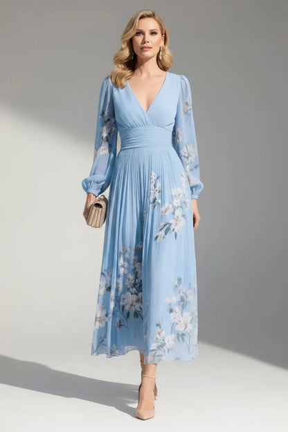 Women's Long Sleeve Floral Maxi Wedding Guest Dress with V-Neck