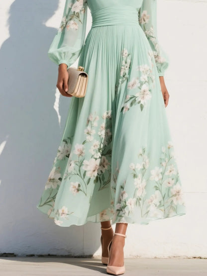 Women's Long Sleeve Floral Maxi Wedding Guest Dress with V-Neck