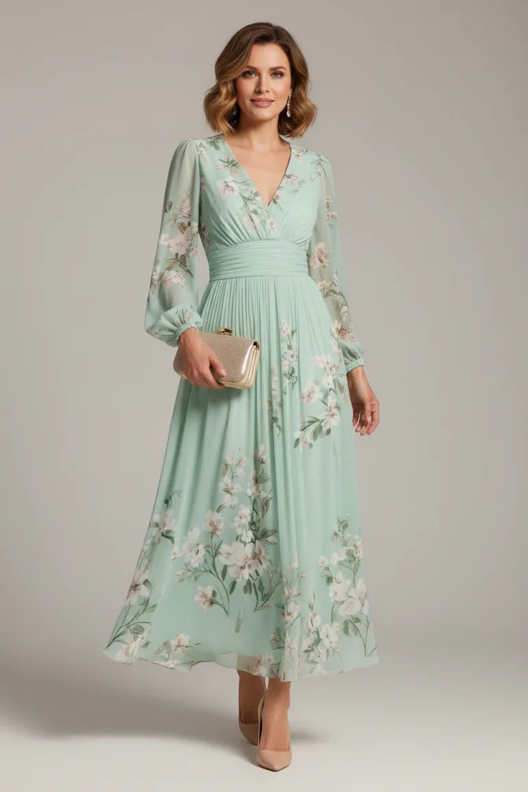 Women's Long Sleeve Floral Maxi Wedding Guest Dress with V-Neck