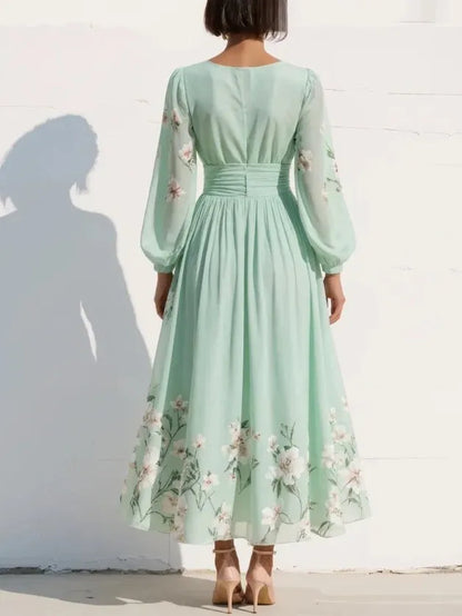 Women's Long Sleeve Floral Maxi Wedding Guest Dress with V-Neck