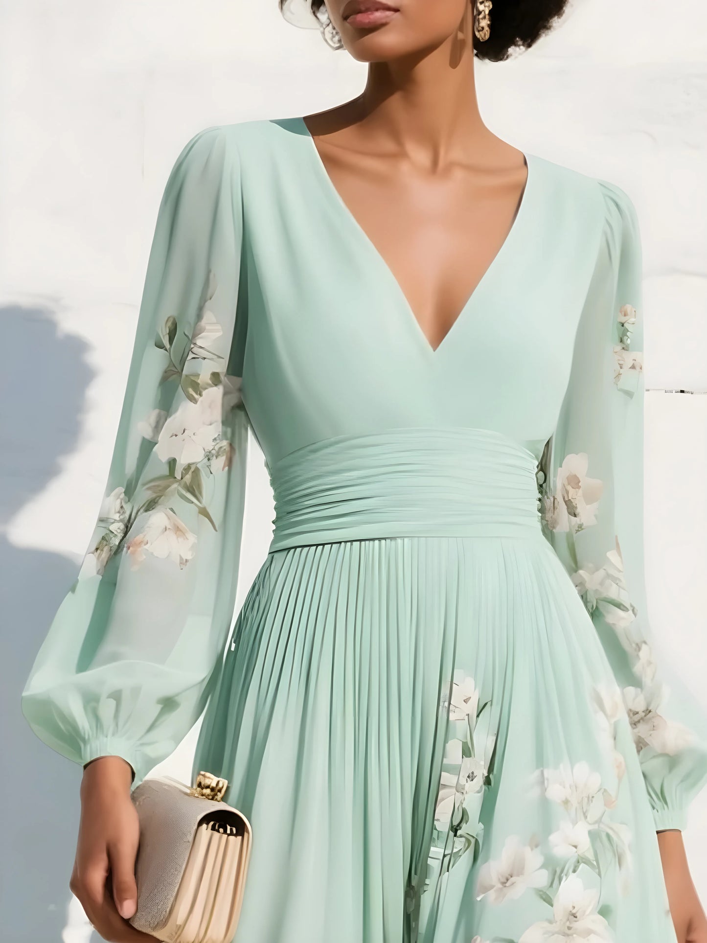 Women's Long Sleeve Floral Maxi Wedding Guest Dress with V-Neck