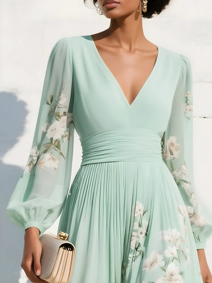 Women's Long Sleeve Floral Maxi Wedding Guest Dress with V-Neck